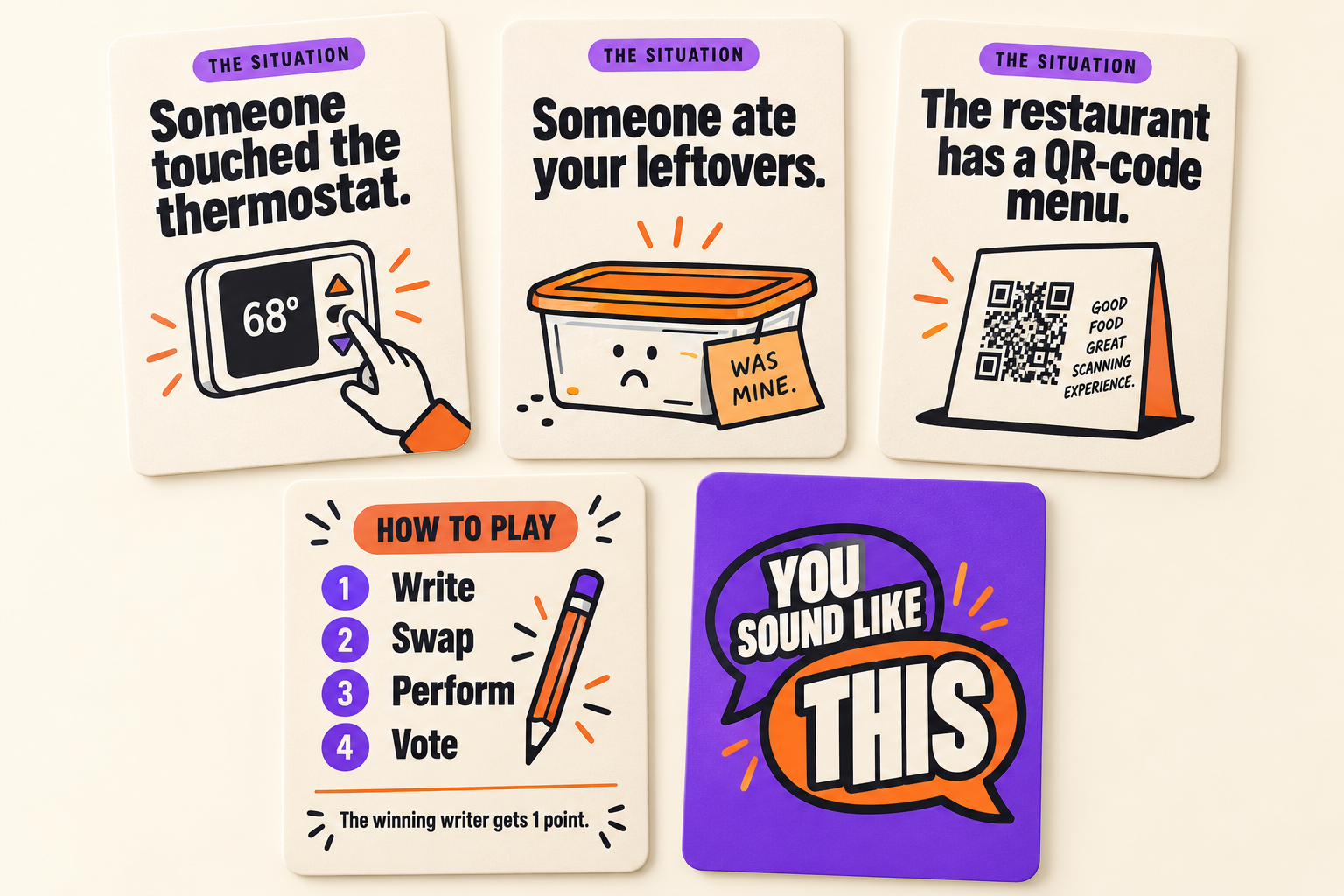 Situation cards featuring a thermostat, leftovers, and a QR-code menu