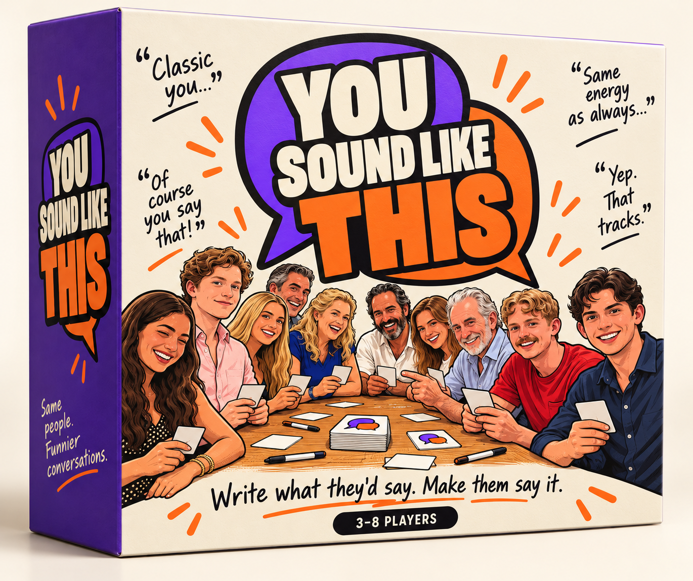 You Sound Like This game box with bold purple and orange speech bubbles